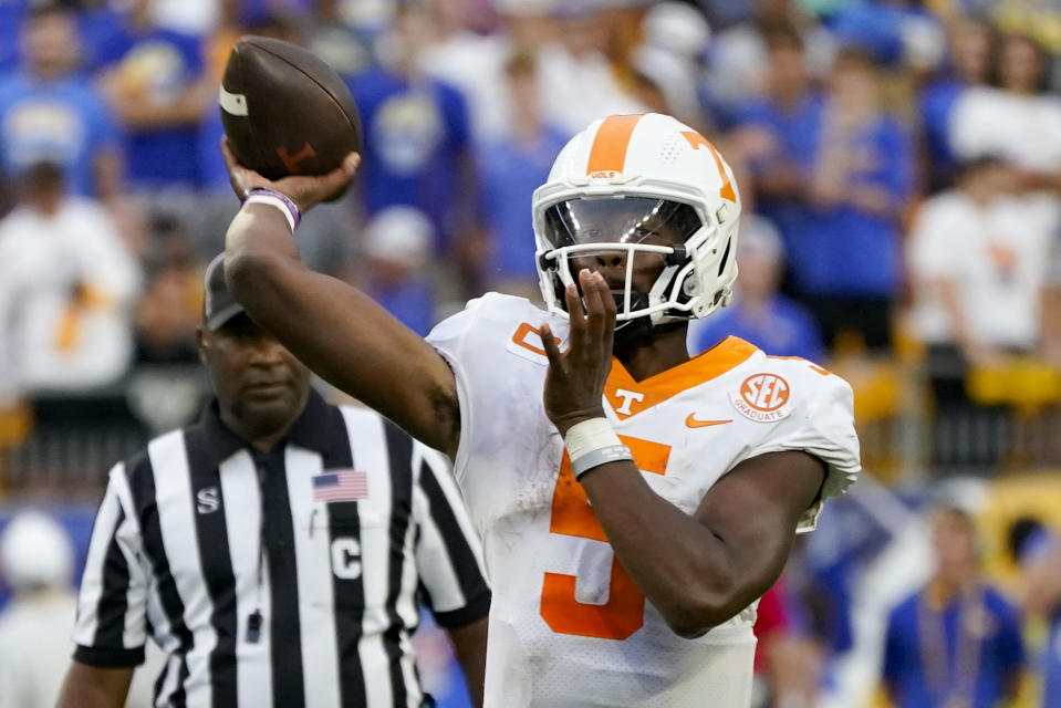 Tennessee quarterback Hendon Hooker throws a pass against Pittsburgh during the second half of an NCAA college football game Saturday, Sept. 10, 2022, in Pittsburgh. Tennessee won 34-27 in overtime. (AP Photo/Keith Srakocic)