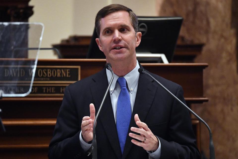 FILE - Kentucky Gov. Andy Beshear delivers his State of the Commonwealth speech the floor of the Kentucky House of Representatives, Jan. 4, 2023, in Frankfort, Ky. A former longtime GOP state lawmaker on Monday, March 27, 2023, blasted the GOP's push for transgender legislation, calling it “a bad look for the party of Abraham Lincoln” in a radio ad coming days before lawmakers could vote to override the Democratic governor's veto of the bill. (AP Photo/Timothy D. Easley, File)