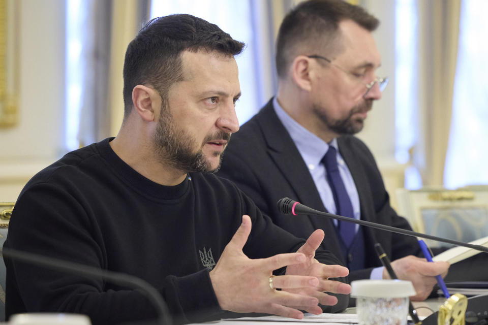 In this photo provided by the Ukrainian Presidential Press Office, Ukraine's President Volodymyr Zelenskyy speaks during a meeting with U.S. Secretary of State Antony Blinken in Kyiv, Ukraine, Tuesday, May 14, 2024. Blinken arrived in Kyiv on Tuesday in an unannounced diplomatic mission to reassure Ukraine that it has American support as it struggles to defend against increasingly intense Russian attacks. (Ukrainian Presidential Press Office via AP)