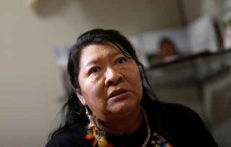 Indian congresswoman Joenia Wapichana talks during an interview with Reuters at the Terra Livre camp, or Free Land camp, in Brasilia, Brazil April 25, 2019. REUTERS/Nacho Doce