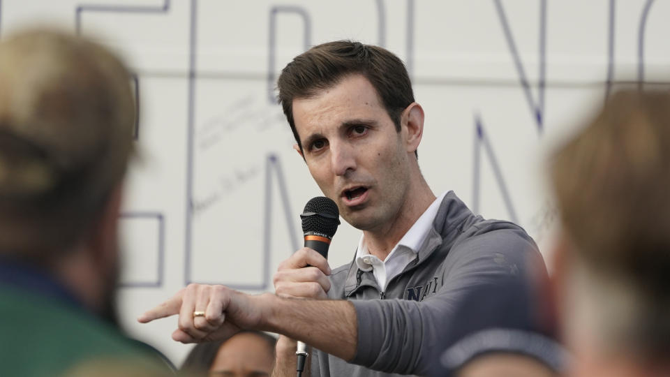 Chris Deluzio, Democratic candidate in Pennsylvania's 17th Congressional District, speaks Tuesday, Nov. 1, 2022, at a party campaign stop in Beaver, Pa. (AP Photo/Keith Srakocic)