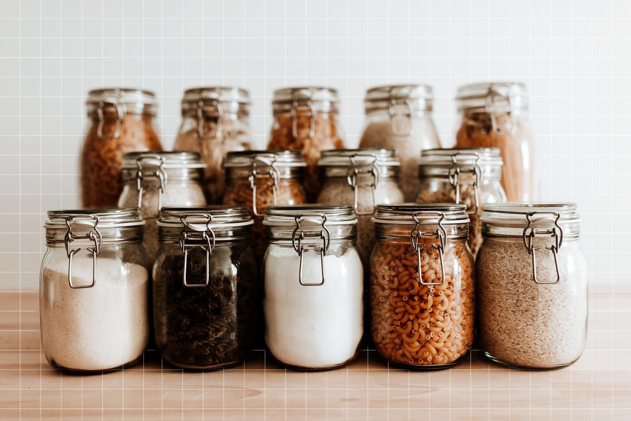 Glass jars full with dried uncooked food ingredients.