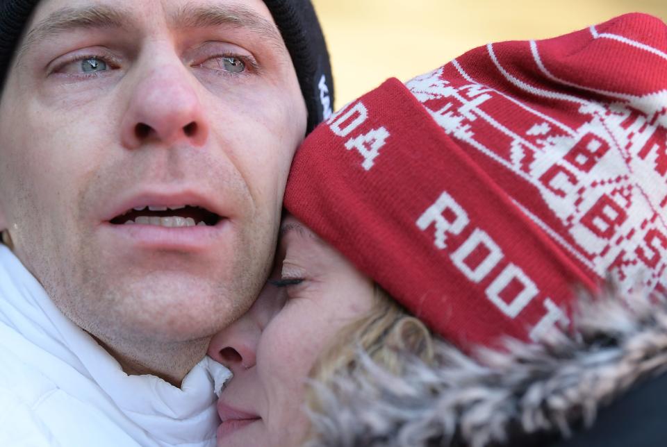 <p>Canada’s Dave Greszczyszyn (L) reacts after missing the chance to qualify for the next round after the mens’s skeleton heat 3 run during the Pyeongchang 2018 Winter Olympic Games, at the Olympic Sliding Centre on February 16, 2018 in Pyeongchang. / AFP PHOTO / MOHD RASFAN </p>