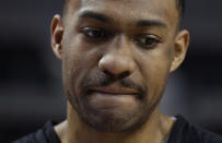 Jabari Parker of the Chicago Bulls speaks to journalists following a basketball practice at Mexico City Arena in Mexico City, Wednesday, Dec. 12, 2018. The Bulls will face Orlando Magic Thursday in the first of two 2018 regular-season NBA games to be played in the high-altitude Mexican capital. (AP Photo/Rebecca Blackwell)