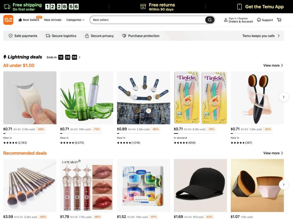 Screenshot shows Temu home page with lightning deals and best sellers