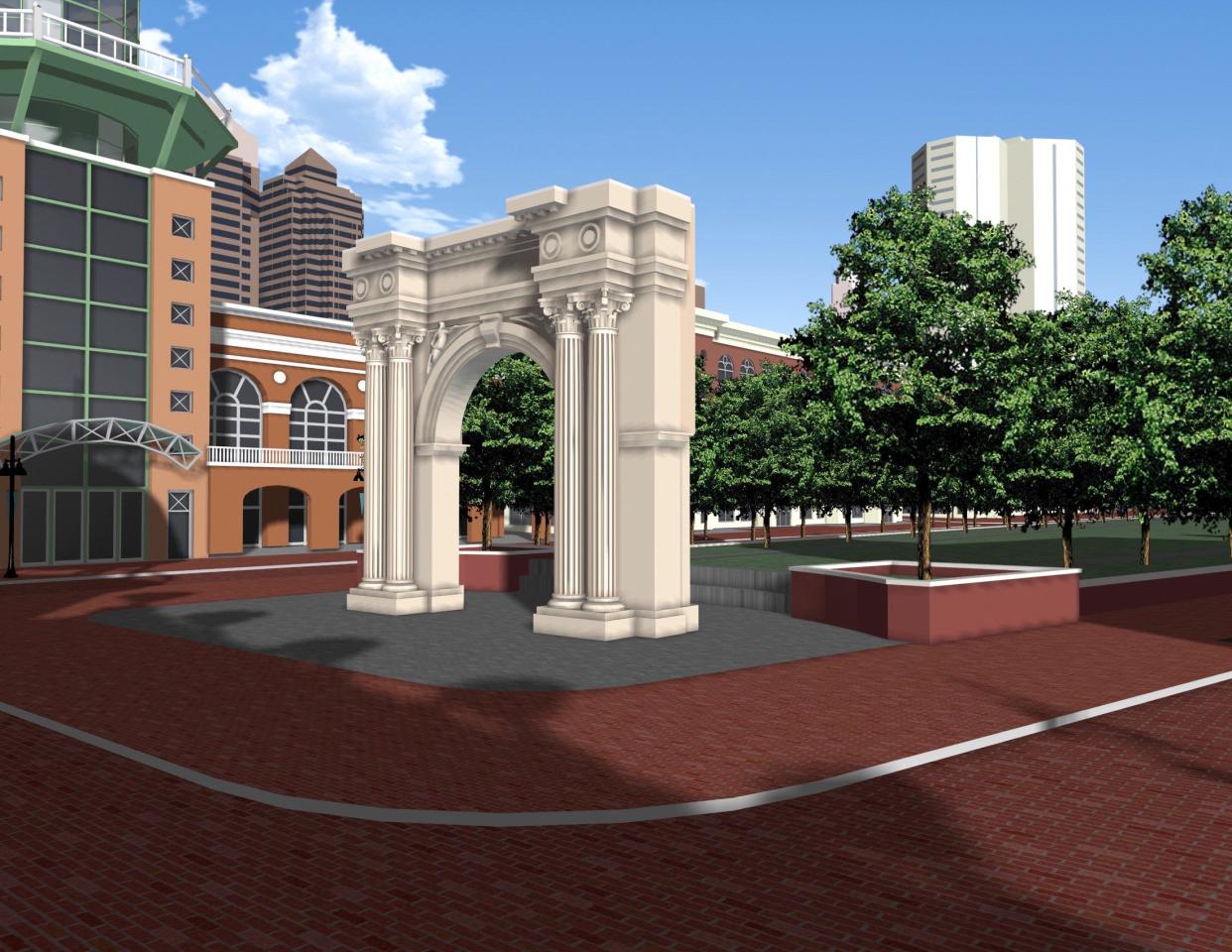 1998 - Image from the original proposal to relocate the Daniel Burnham-designed Union Station Arch to the head of the district's grassy Arena Park, now McFerson Commons, from its previous low-profile home at Marconi Boulevard and Ludlow Street.