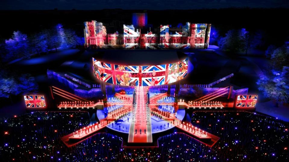 查爾斯三世加冕音樂會舞台視覺已公開。（翻攝@bbcstudios推特）