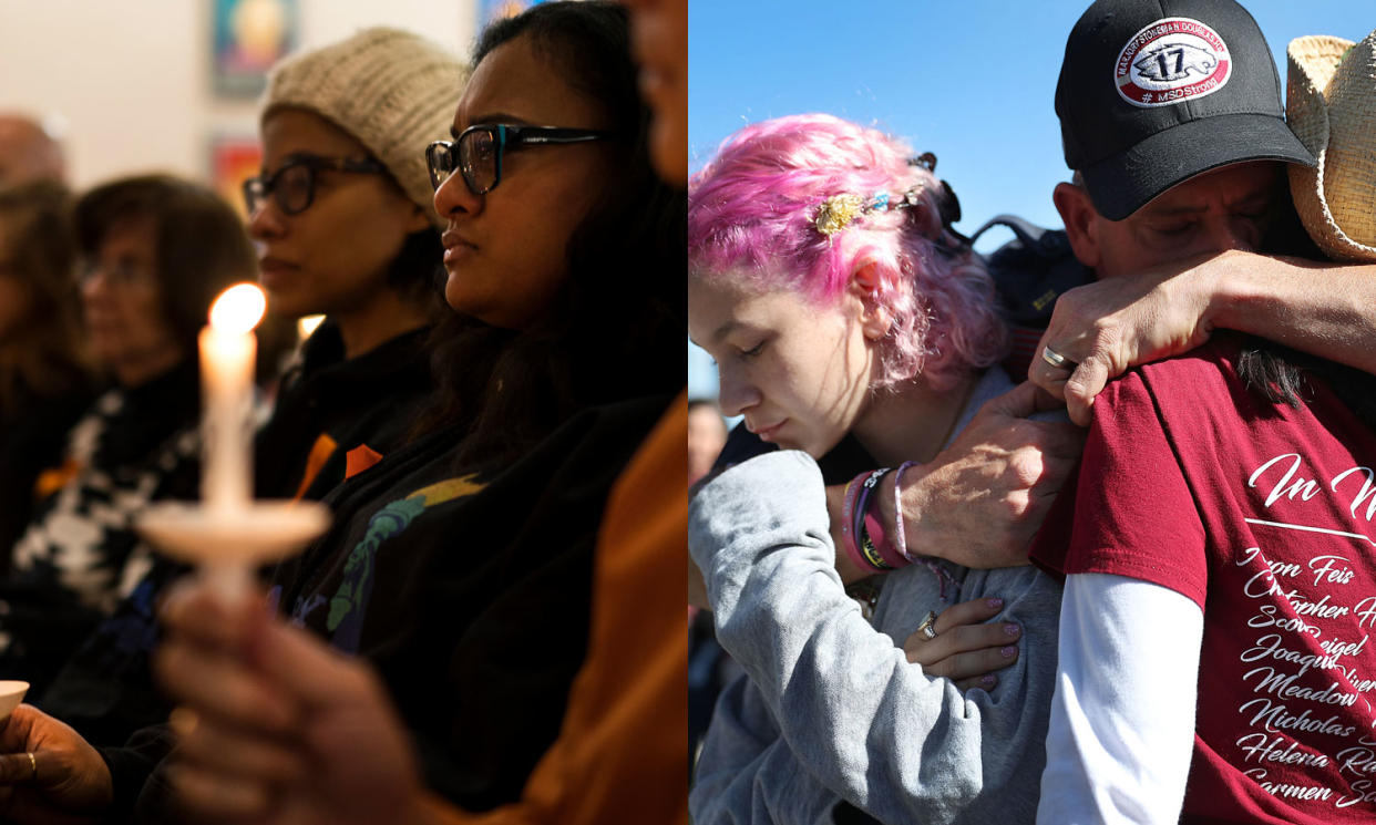 People mourning together in two different communities affected by school shootings — Newtown, Conn., left, and Parkland, Fla., right. The shared trauma of surviving may be a link in three recent, separate suicides. (Photos: Getty Images)