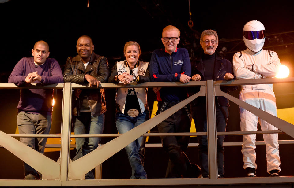 Top Gear presenters (left to right) Chris Harris, Rory Reid, Sabine Schmitz, Chris Evans, Eddie Jordan and The Stig. (PA)
