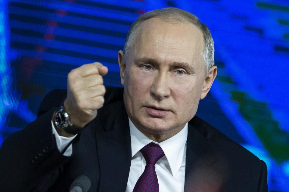 FILE In this file photo taken on Thursday, Dec. 20, 2018, Russian President Vladimir Putin gestures during his annual news conference in Moscow, Russia. Putin may look like a winner after an abrupt U.S. decision to pull out of Syria, but the Russian leader faces massive challenges in Syria and elsewhere, and he hasn't moved an inch closer to the lifting of Western sanctions that have emaciated the national economy. (AP Photo/Alexander Zemlianichenko, File)