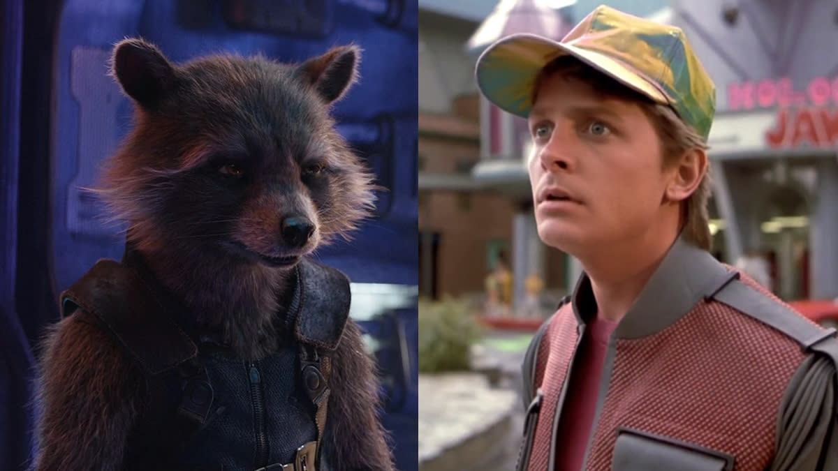 Rocket Raccoon in 'Avengers: Endgame' and Michael J. Fox in 'Back to the Future 2'. (Credit: Disney/Universal)