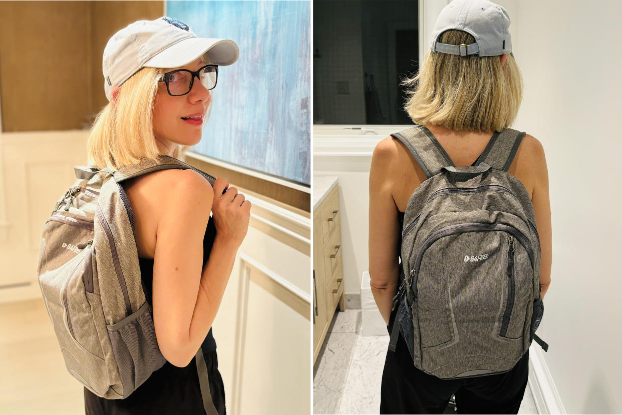 writer sarah dimuro with amazon backpack, blonde woman wearing baseball cap with grey backpack from amazon, G4Free 16L Small Hiking Backpack, Compact Travel Backpack Lightweight Daypack Waterproof for Men Women School Outdoor