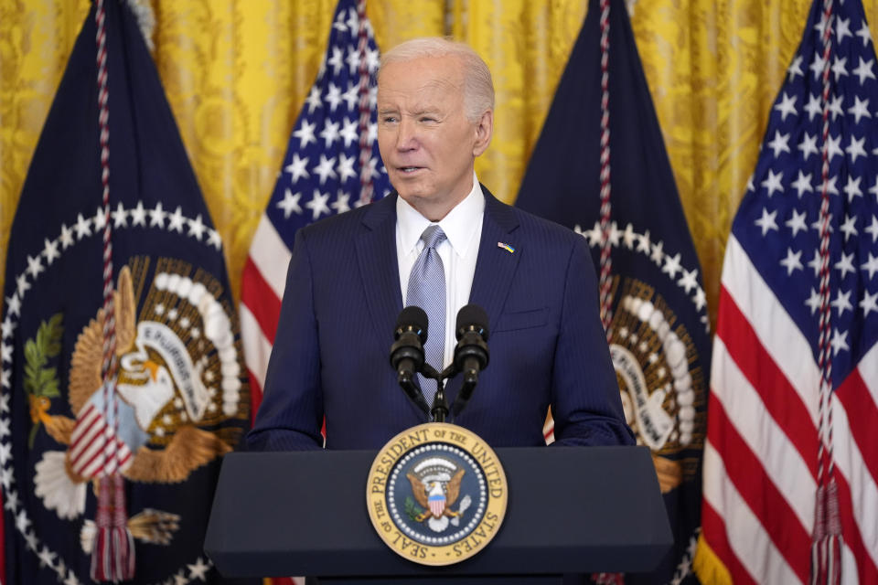 FILE - President Joe Biden speaks in the East Room of the White House, Feb. 23, 2024, in Washington. Biden will convene the top four congressional leaders at the White House on Tuesday, Feb. 27, to discuss the emergency aid package for Ukraine and Israel, as well as avoiding a government shutdown next month, according to an anonymous White House official. The top four leaders include House Speaker Mike Johnson, R-La., Senate Majority Leader Chuck Schumer, D-N.Y., House Minority Leader Hakeem Jeffries, D-N.Y., and Senate Minority Leader Mitch McConnell, R-Ky. (AP Photo/Evan Vucci, File)