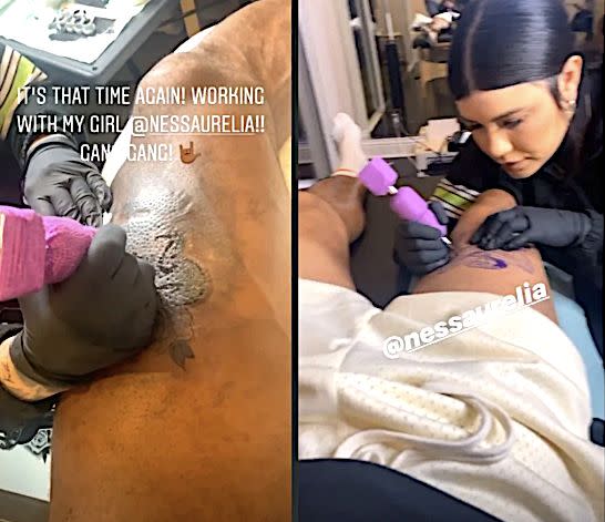 LeBron James and ink artist Vanessa Aurelia post the creation of his Kobe Bryant tribute tattoo. (Photo: Screen Shot/Instagram Stories/LeBron James)