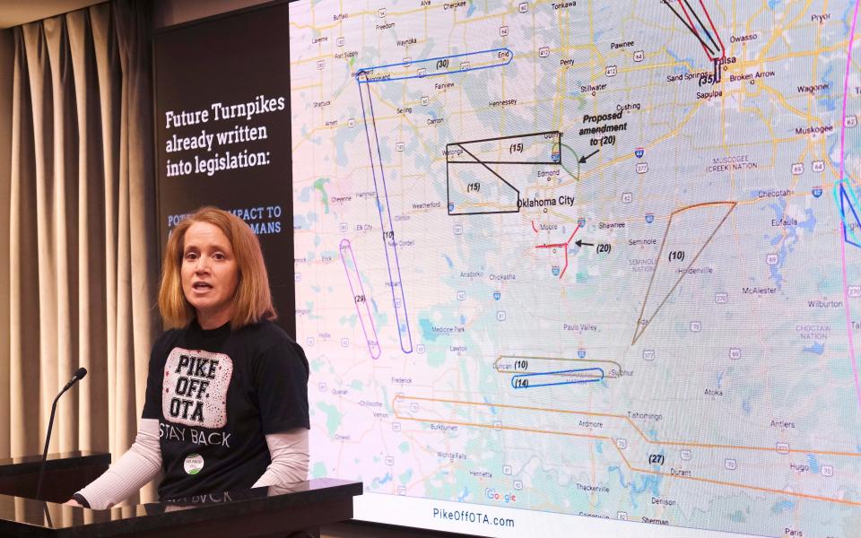 University of Oklahoma professor Amy Cerato speaks Wednesday, March 23, 2022, during a news briefing and rally against the Oklahoma Turnpike Authority at the Capitol.