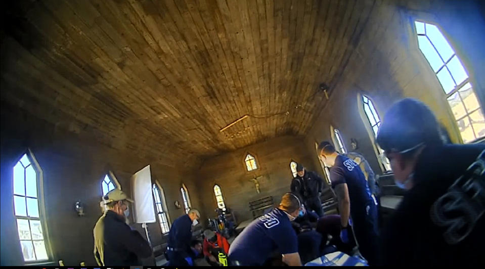 In this image from video released by the Santa Fe County Sheriff's Office, is the scene inside a small church on a movie set following a fatal shooting last year in Santa Fe, N.M. On Monday April, 25, 2022, law enforcement officials released a trove of video and photographic evidence in the investigation of a fatal October shooting of a cinematographer by actor and producer Alec Baldwin on the set of a Western movie. (Santa Fe County Sheriff's Office via AP)