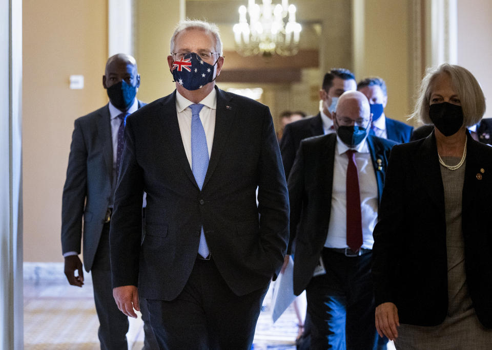 ARLINGTON, VIRGINIA - SEPTEMBER 22: Australian Prime Minister Scott Morrison leaves a meeting with Senate Minority Leader Mitch McConnell (R-KY) at the U.S. Capitol on September 22, 2021 in Washington, DC. Last week, Australia, the United States and the United Kingdom announced a security pact (AUKUS) to help Australia develop and deploy nuclear-powered submarines, in addition to other military cooperation. (Photo by Kevin Dietsch/Getty Images)