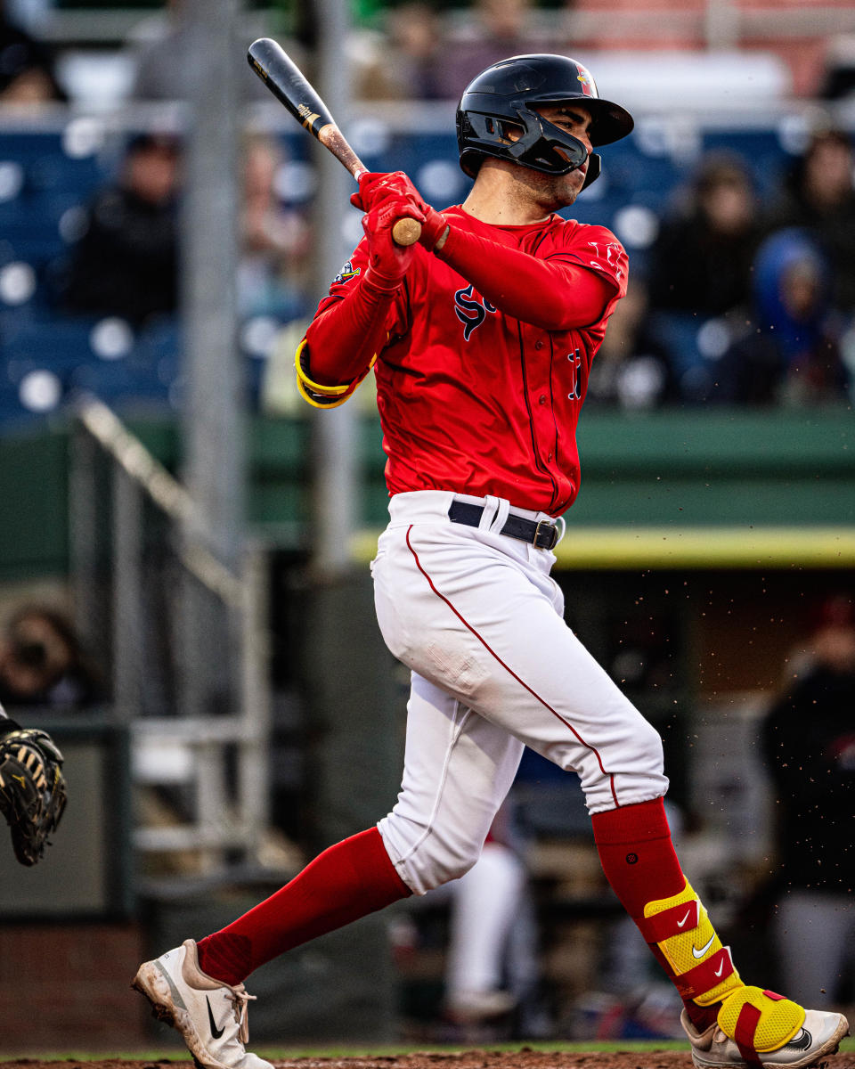 Portland Sea Dogs player Marcelo Mayer takes a swing during a game at Hadlock Field in Portland, Maine on Friday, May 10, 2024.