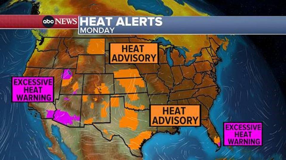 PHOTO: The National Weather Service issued heat alerts that are in effect for 40 million Americans across at least a dozen states, from Montana to Texas and Florida, on July 24, 2023. (ABC News)