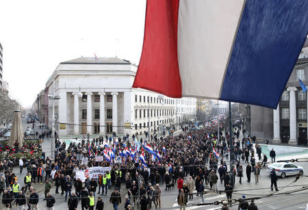 People walk during the protest against the ratification of the Istanbul Convention in Zagreb, Croatia, March 24, 2018. REUTERS/Antonio Bronic