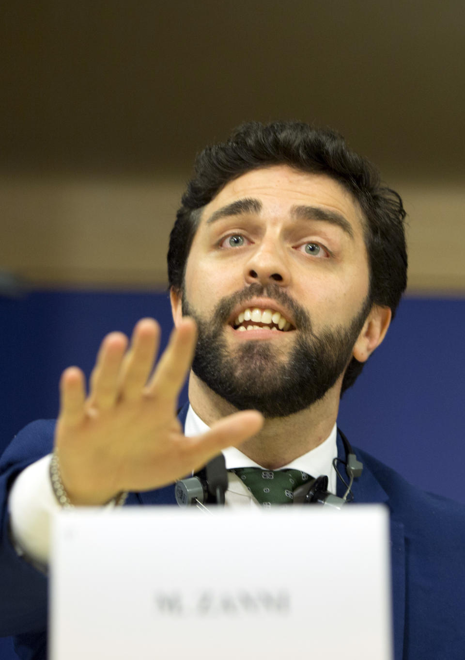 Italy's Lega party member and MEP Marco Zanni speaks during a media conference to announce the formation of a new far-right European Parliament group at the European Parliament in Brussels, Thursday, June 13, 2019. (AP Photo/Virginia Mayo)