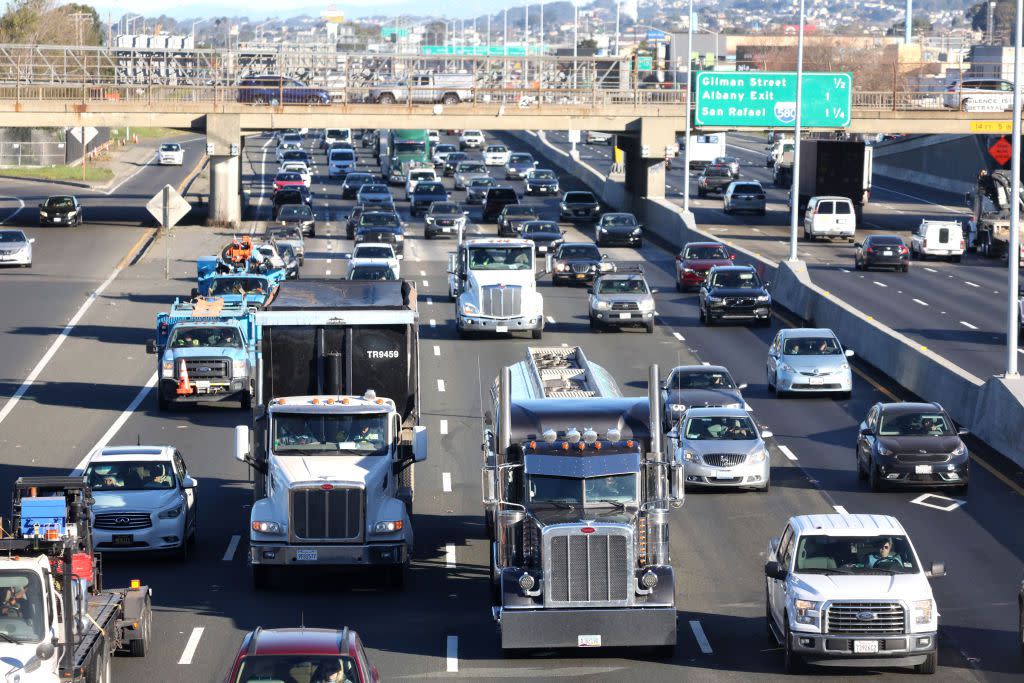 Traffic moves along Interstate 80 on February 16, 2022 in Berkeley, California.