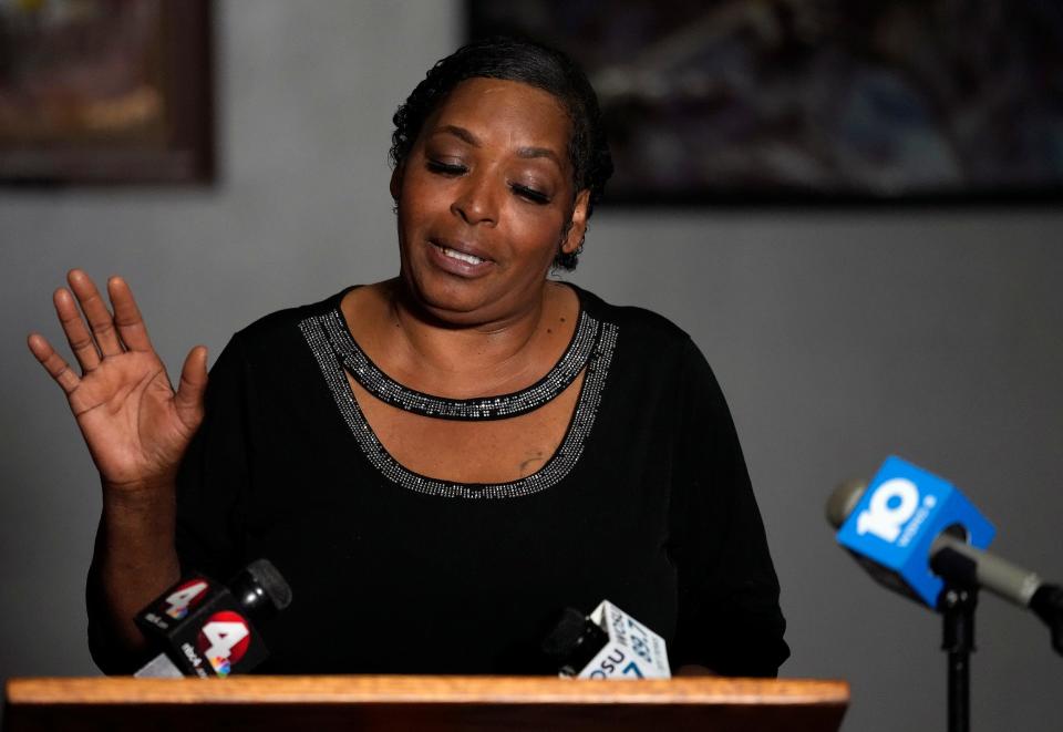 Aug 20, 2023; Columbus, Ohio, United States; Nadine Young, grandmother of Ta'Kiya Young, speaks to the media about her granddaughter during a press conference about the fate police shooting of Ta'Kiya Young.
