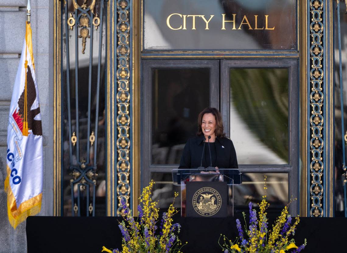 Vice President Kamala Harris remembers Sen. Dianne Feinstein during the memorial service at San Francisco City Hall on Thursday.