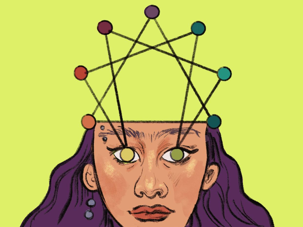 An Enneagram symbol is displayed on the bright green background. The two bottom circles of the Enneagram act as the irises of multiple characters' eyes, varying from a dark haired Asian woman with piercings, a light skinned Black woman with blonde dreads, a White individuals with curly ginger hair and freckles, an olive skinned man and a septum piercing, and a Black man with an Afro.