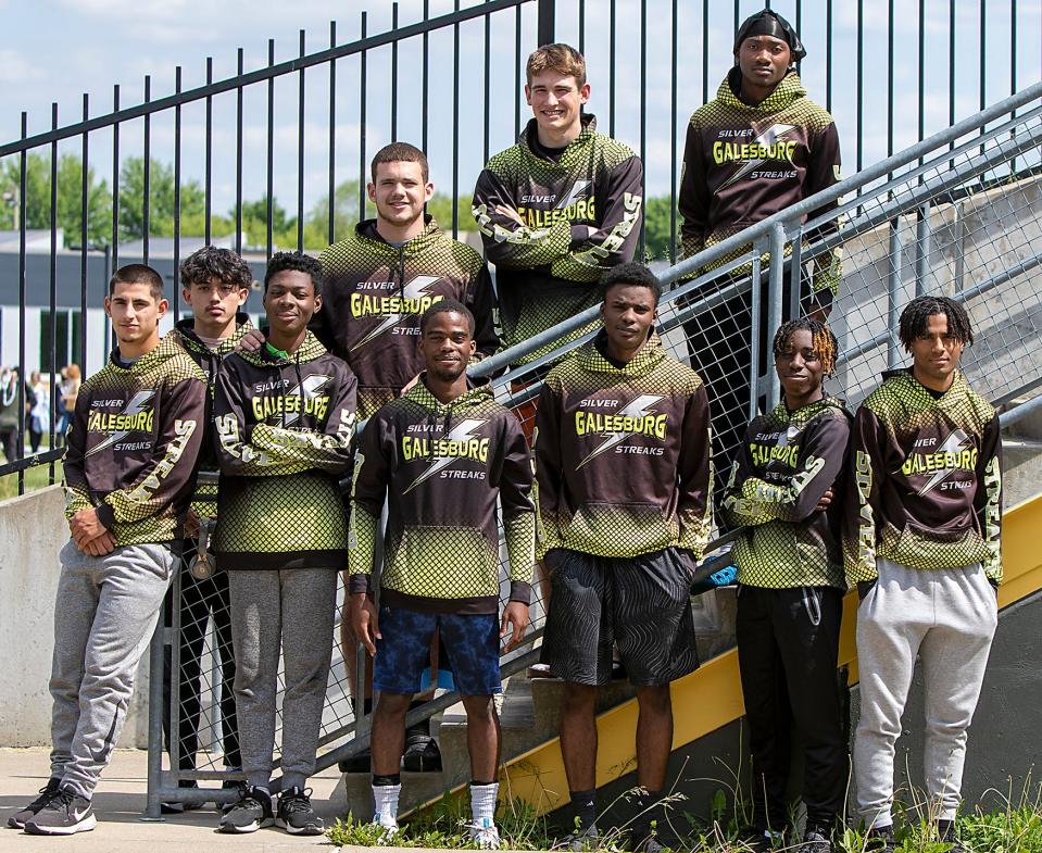 These Galesburg High School boys track & field athletes are headed to the IHSA state meet in Charleston this weekend. Front (left to right): Cam Aguirre, Kenny Mensah, Plamedi Nseka, Adrian Outlaw, Markis Lewis and Amarie Richardson. Back (l to r): Bryson Thomas, Aaron Carl, Koen Derry and Merveille Bile.