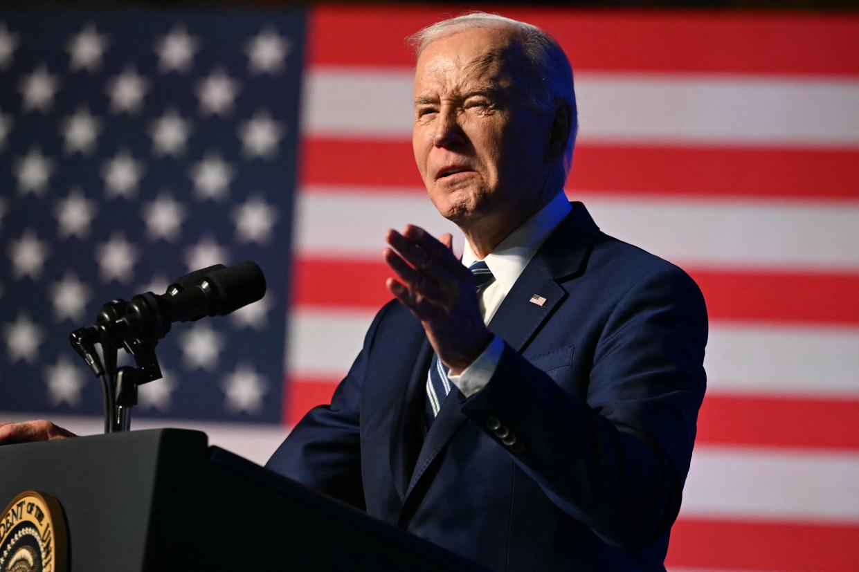 US President Joe Biden speaks on "how the CHIPS and Science Act and his Investing in America agenda are growing the economy and creating jobs," at the Milton J. Rubenstein Museum in Syracuse, New York, on April 25, 2024.