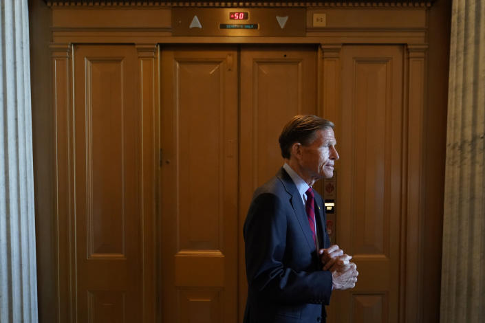 Sen. Richard Blumenthal, D-Conn., waits for an elevator on Capitol Hill in Washington, Saturday, Aug. 6, 2022. (AP Photo/Patrick Semansky)