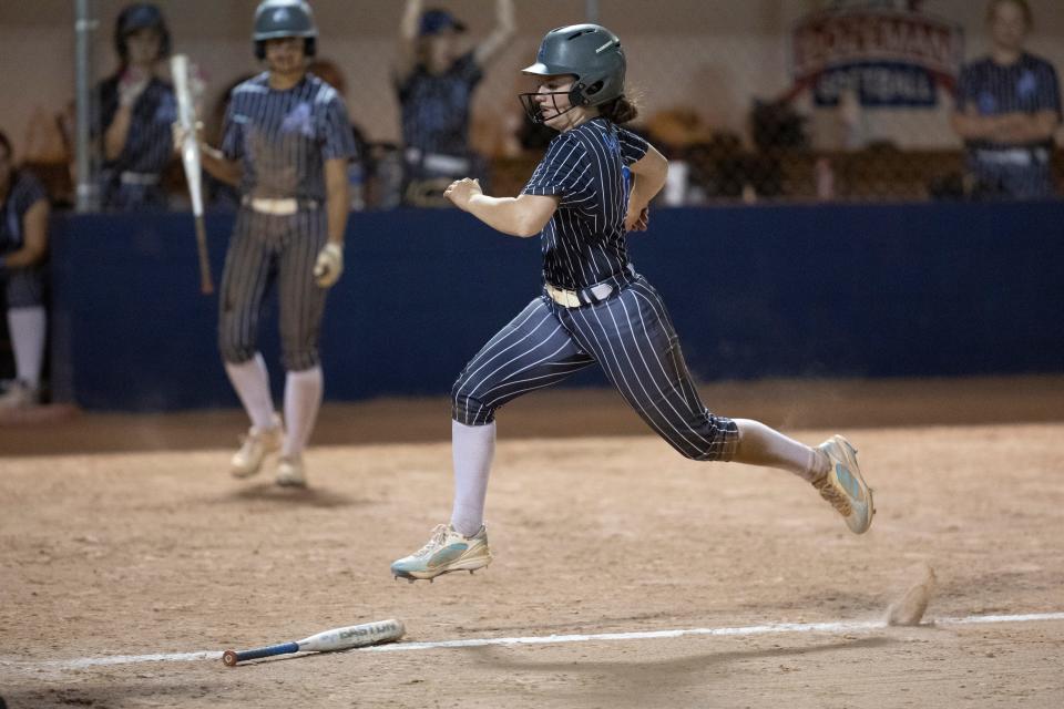 Marlin Sage Mickey strides into home for a run for Arnold. Bozeman hosted Arnold in softball Tuesday, April 12, 2022.