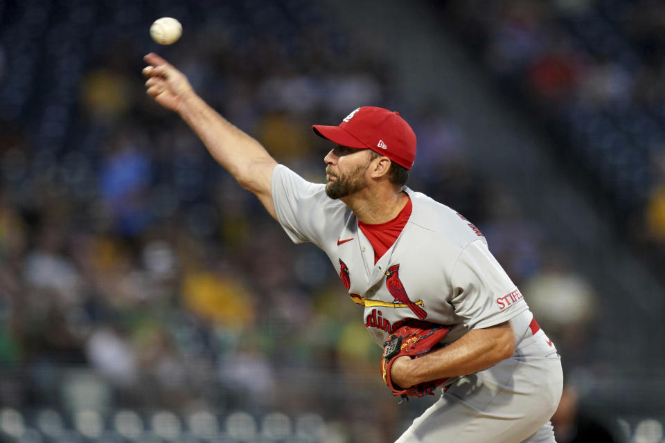 St. Louis Cardinals starting pitcher Adam Wainwright delivers against the Pittsburgh Pirates in the fourth inning of a baseball game in Pittsburgh, Tuesday, Aug. 22, 2023. (AP Photo/Matt Freed)