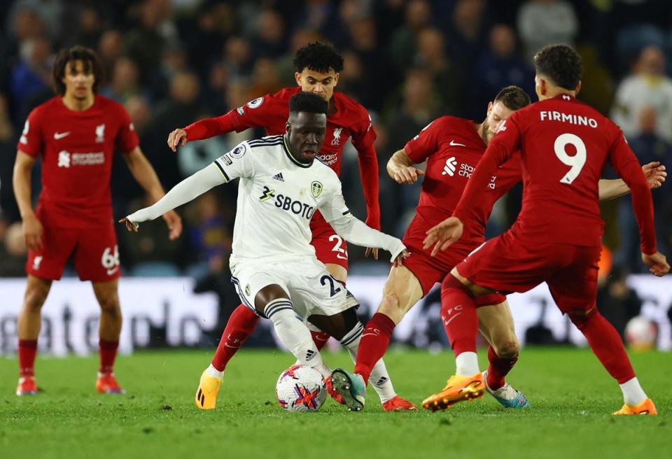 Wilfried Gnonto is closed down against Liverpool (REUTERS)