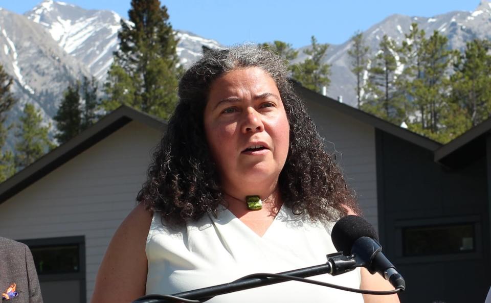Sarah Elmeligi speaks at an event in Canmore in this file photo. She studied human-bear conflicts as part of her PhD and worked as a conservation consultant before being elected as the NDP MLA for Banff-Kananaskis in 2023. 