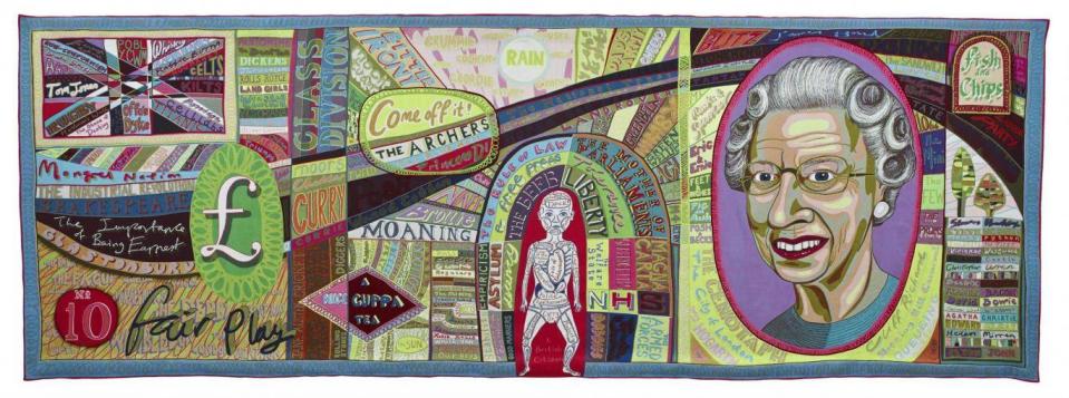 The US show opens with an exuberant splash of colour, humour and social commentary: Grayson’s huge tapestry ‘Comfort Blanket’ (2014) (© Grayson Perry Courtesy the artist, Paragon | Contemporary Editions Ltd and Victoria Miro, London / Venice)