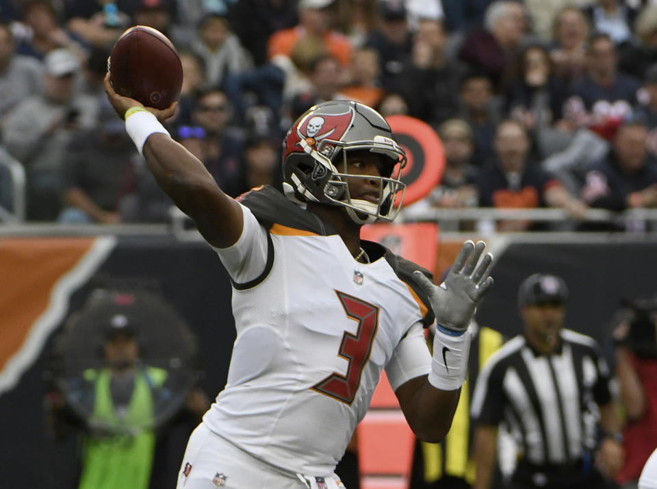 Tampa Bay Buccaneers quarterback Jameis Winston (3) throws during the second half of an NFL football game against the Chicago Bears Sunday, Sept. 30, 2018, in Chicago. (AP Photo/David Banks)