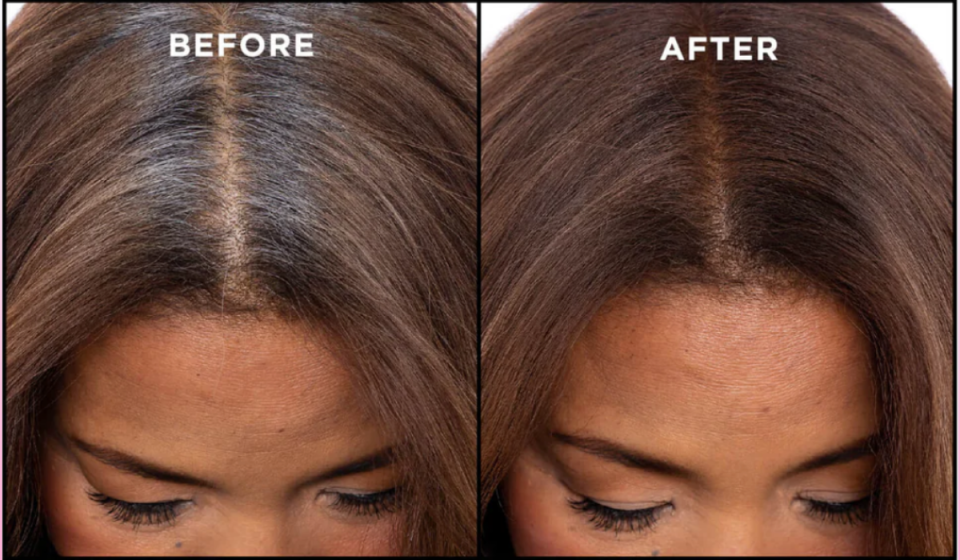 before and after image of woman with gray roots and brown hair, and then after using the spray with brown roots and hair