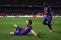 <p>Sergi Roberto of Barcelona (L) celebrates with Samuel Umtiti as he scores their sixth goal during the UEFA Champions League Round of 16 second leg match between FC Barcelona and Paris Saint-Germain at Camp Nou on March 8, 2017 in Barcelona, Spain. (Photo by Laurence Griffiths/Getty Images) </p>