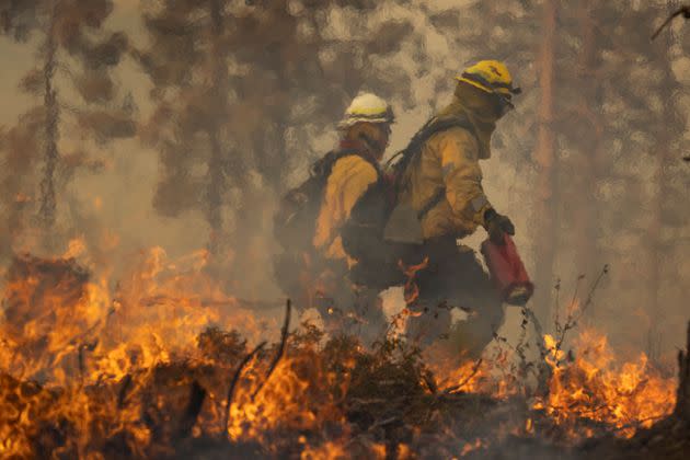 A firefighter uses a drip torch to light a backfire at the Oak Fire near Mariposa, California, on July 24, 2022. (Photo: DAVID MCNEW via Getty Images)