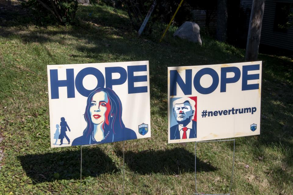 Left sign shows Kamala Harris with the word "HOPE." Right sign shows Donald Trump with the word "NOPE" and hashtag #nevertrump