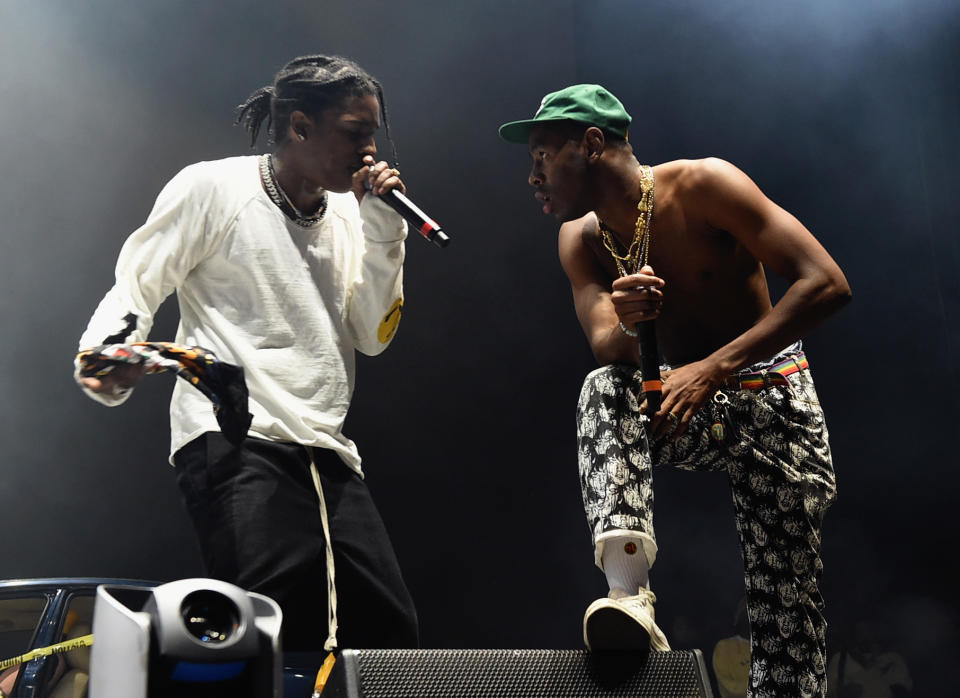 LOS ANGELES, CA – OCTOBER 29: A$AP Rocky and Tyler, The Creator perform on the Camp Stage during day 2 of Camp Flog Gnaw Carnival 2017 at Exposition Park on October 29, 2017 in Los Angeles, California. (Photo by Kevin Winter/Getty Images)