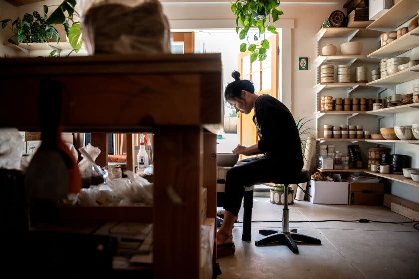 LOS ANGELES, CA - JUNE 09: Ana Cho in her potting studio at her home in Echo Park on Thursday, June 9, 2022 in Los Angeles, CA. (Mariah Tauger / Los Angeles Times)