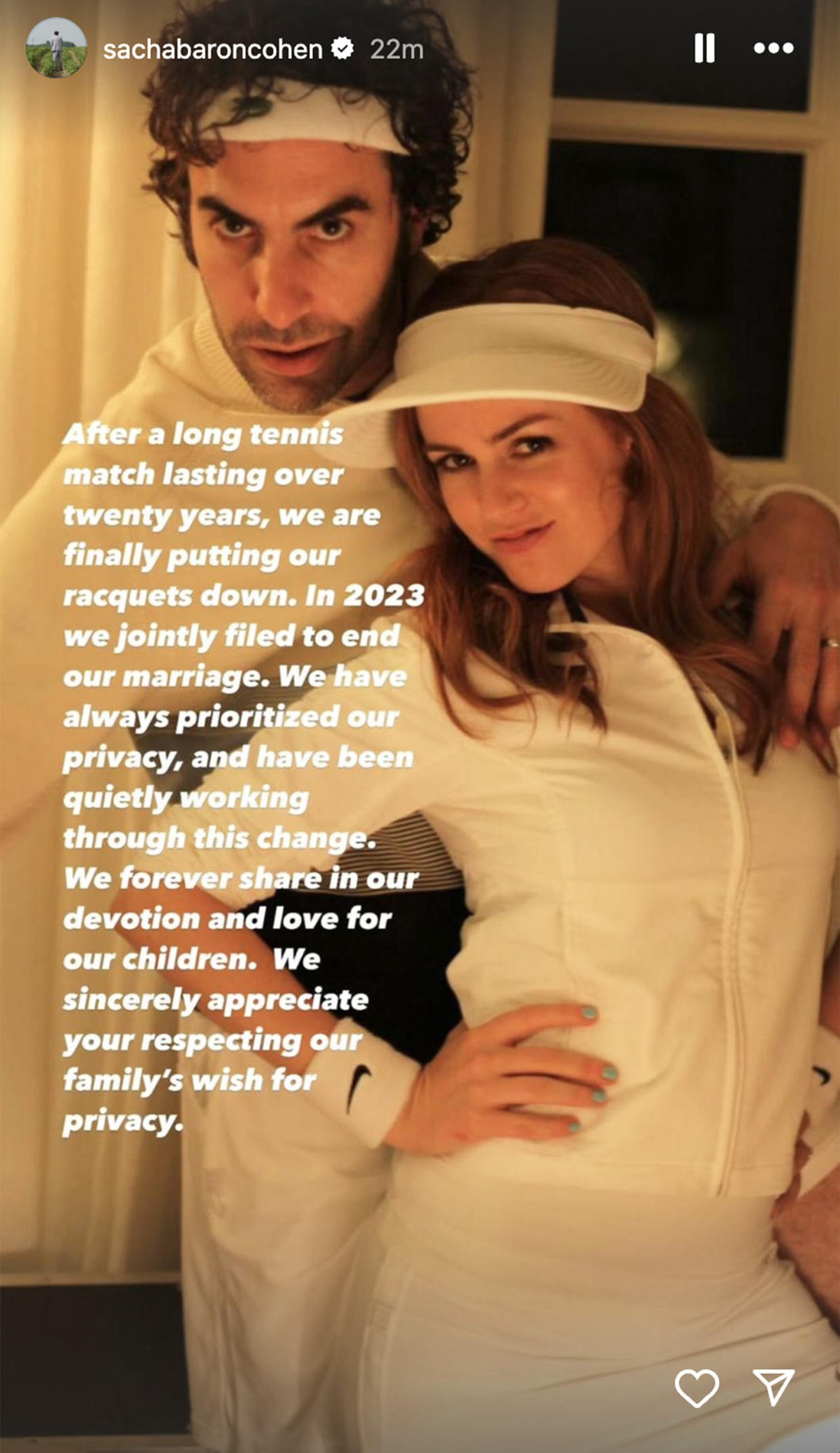 Sacha Baron Cohen and Isla Fisher announced their split April 5 in joint statements on Instagram. (@sachabaroncohen via Instagram)