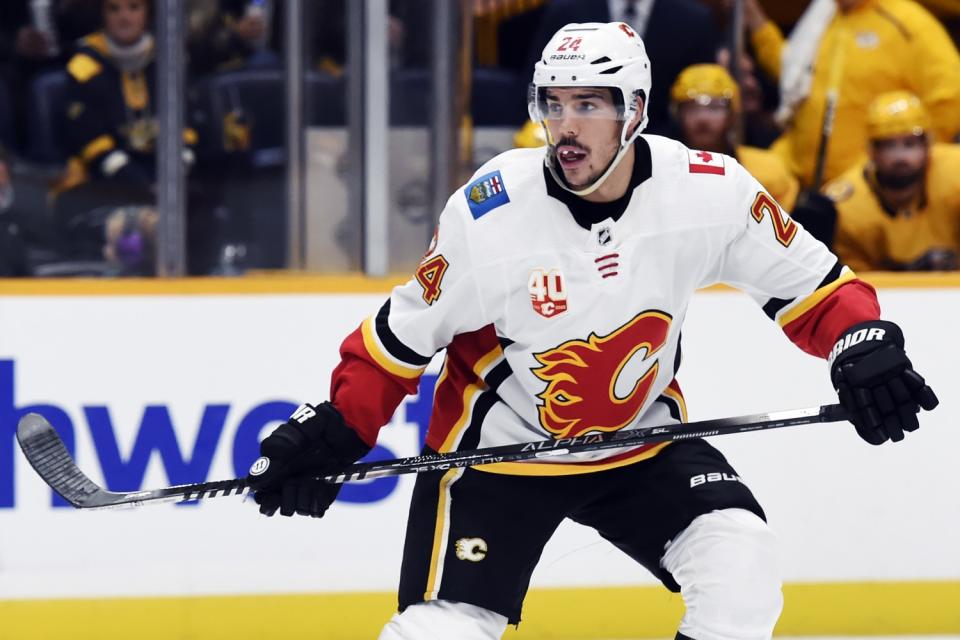 In this Oct. 31, 2019, photo, Flames defenseman Travis Hamonic plays against the Predators.