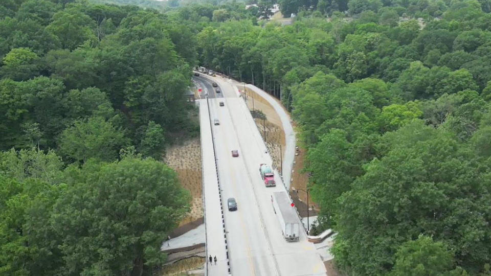 The new Fern Hollow Bridge reopened to traffic less than a year after it collapsed into Frick Park on Jan. 28th, 2022. / Credit: KDKA Drone Team