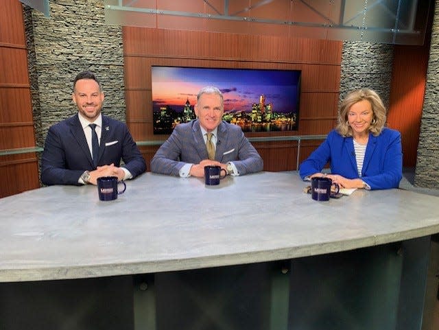 From left, Sam Klemet and Rod Alberts on the set of Michigan Matters, with Carol Cain on April 25, 2024. Alberts is stepping down after the 2025 Detroit Auto Show as executive director of the Detroit Auto Dealers Association and Klemet is taking over.
