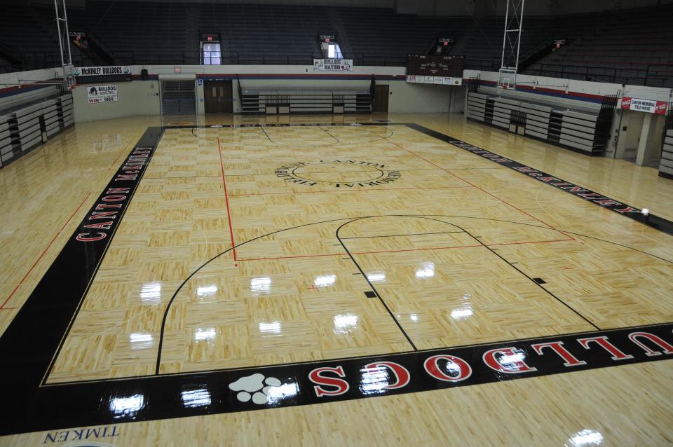 The floor at the Canton Memorial Field House in 2017 after being redesigned and refurbished.