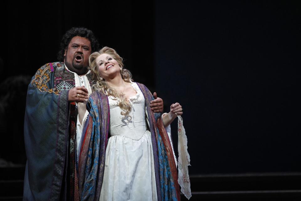 In this Friday, Oct. 5 2012 photo, Johan Botha performs the title roll alongside Renee Fleming performing as Desdemona during the final dress rehearsal of Guiseppe Verdi's "Otello" at the Metropolitan Opera in New York. (AP Photo/Mary Altaffer)